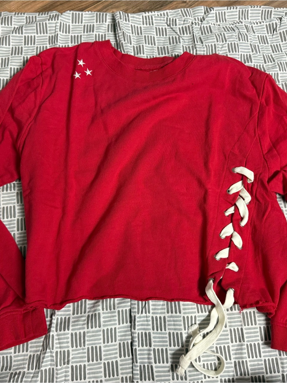 soulcycle Red Lace-Up Cropped Sweater with White Star Accent